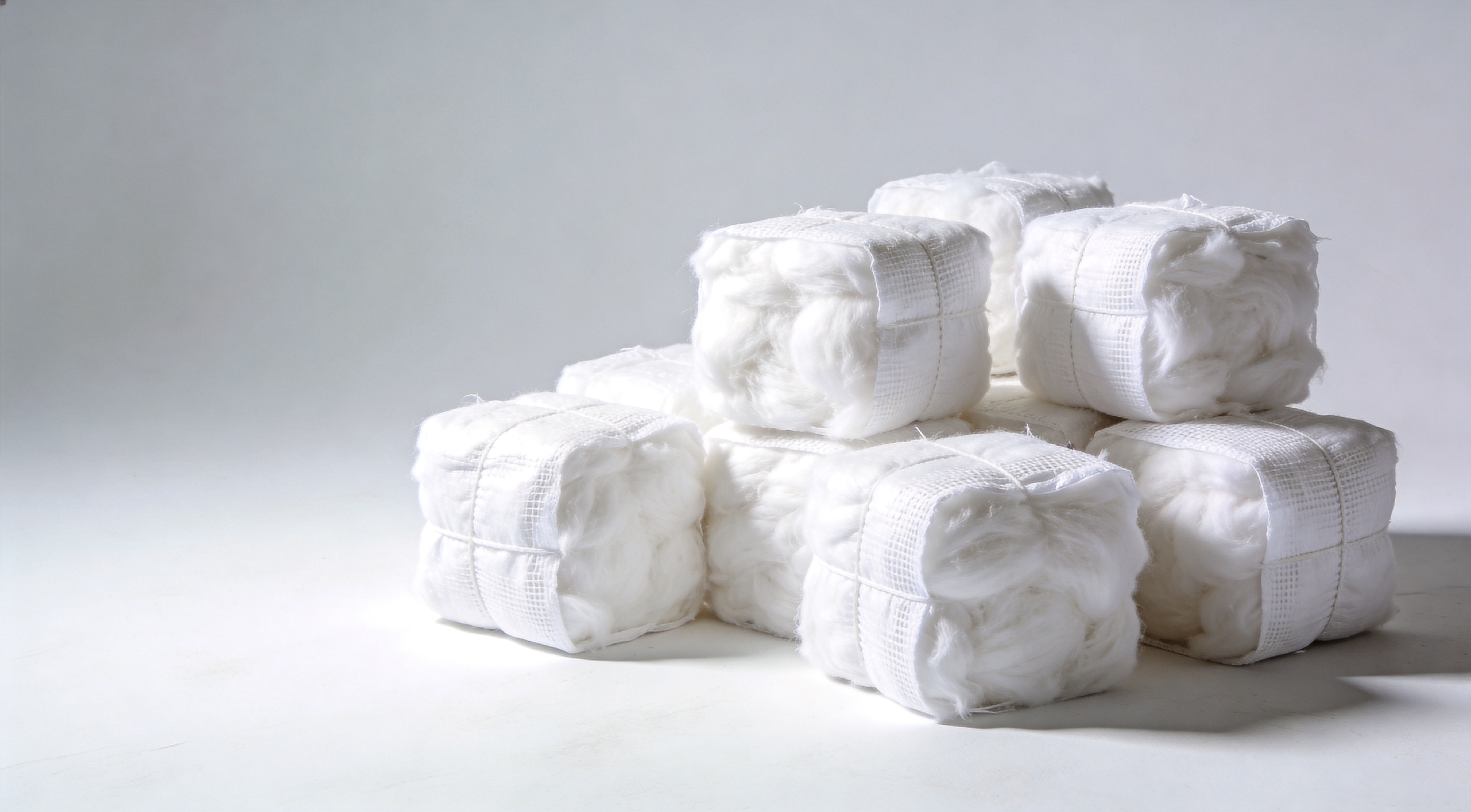 Warehouse stock of refined cotton bales ready for export to derivative producers